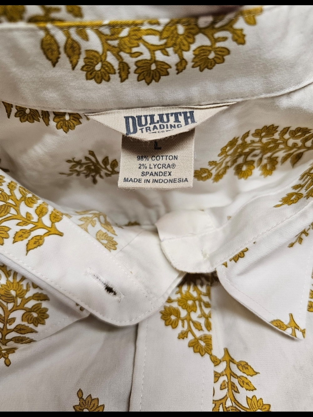 Duluth Trading Co Wrinklefighter Shirt Womens Large Gold Floral Button Down